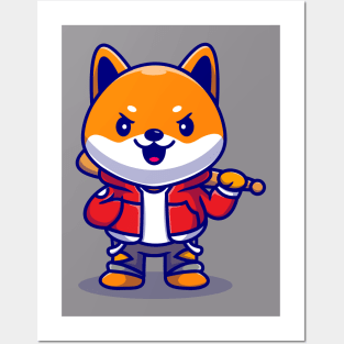 Cute Shiba Inu Dog Holding Baseball Bat Cartoon Posters and Art